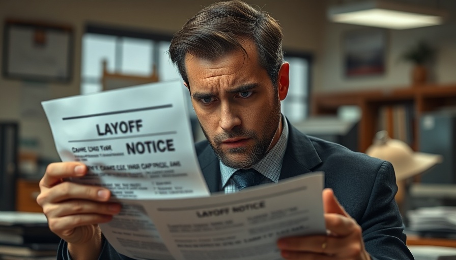 Concerned businessman reading federal layoff notice in office, dim lighting.