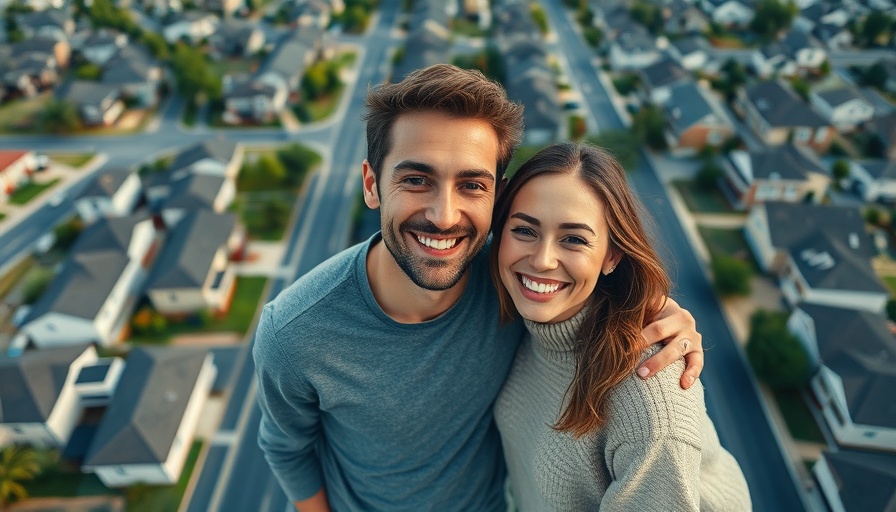 Smiling duo with aerial view of neighborhood for 'Stop Buying Rentals' theme.