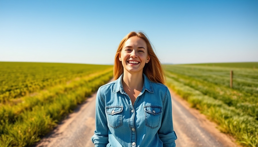Smiling woman at a forked road, symbolizing financial choices.