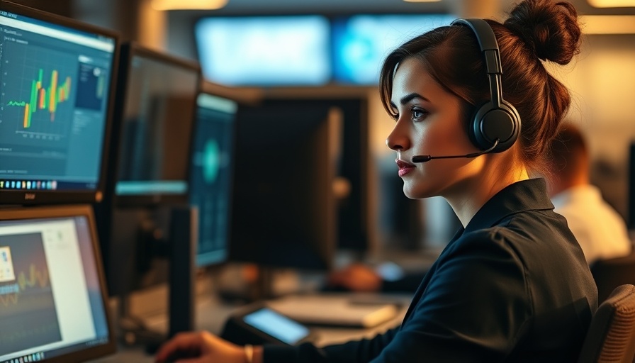 Call center monitoring setup with focused woman at desk.