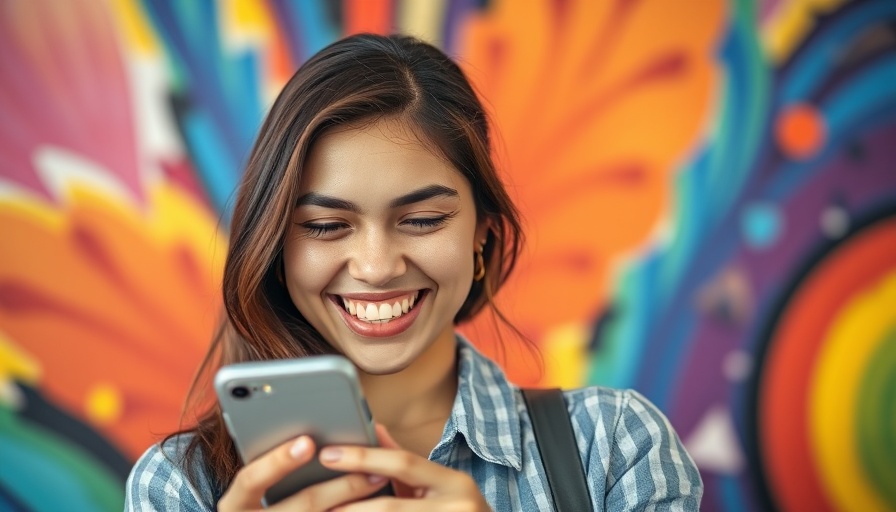 Threads Custom Feed Sharing, woman smiling at phone against colorful background.