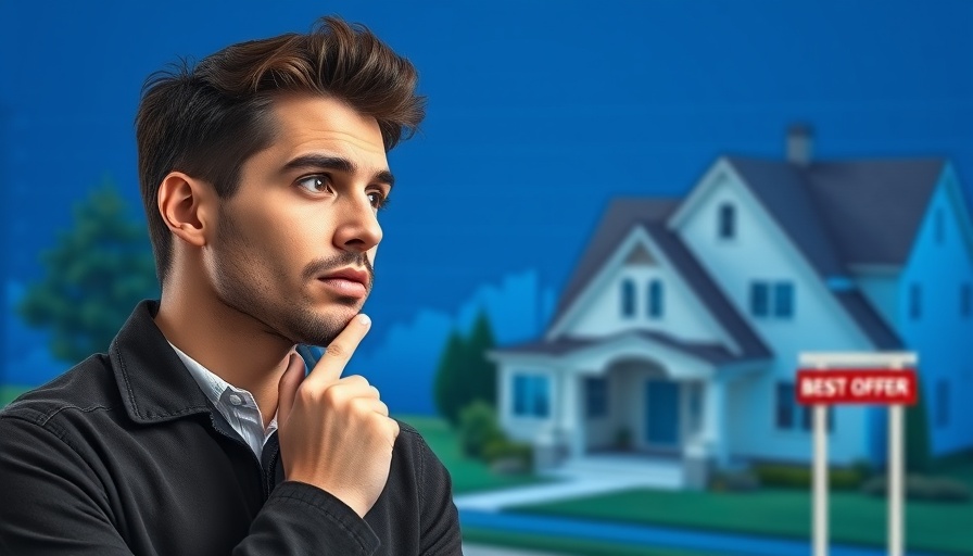 Contemplative man with house and graph, housing market analysis.