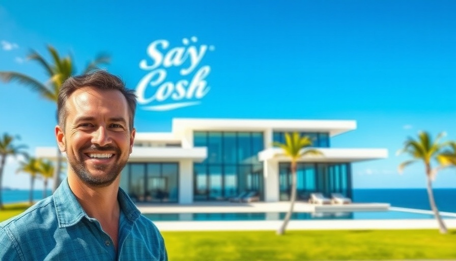 Happy man promoting financial freedom rental strategy by a luxury beach house.