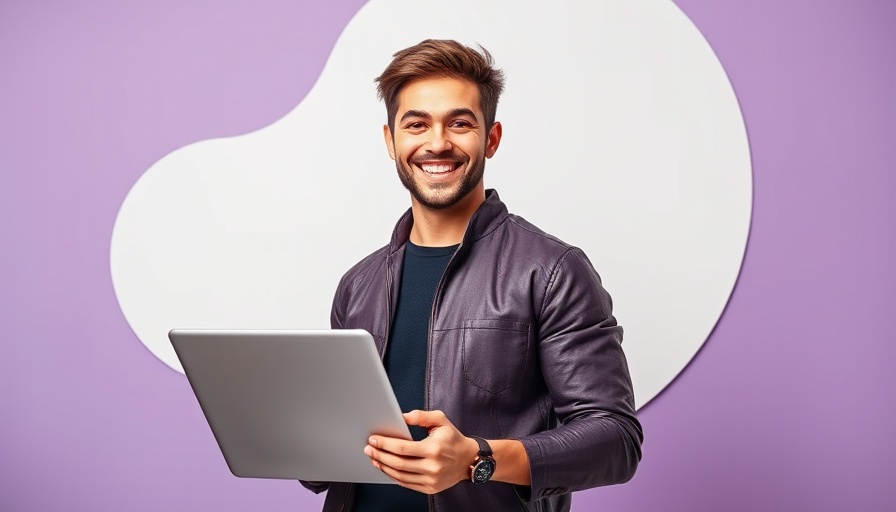 Guide to Programmatic Advertising Benefits with a smiling man holding a laptop.