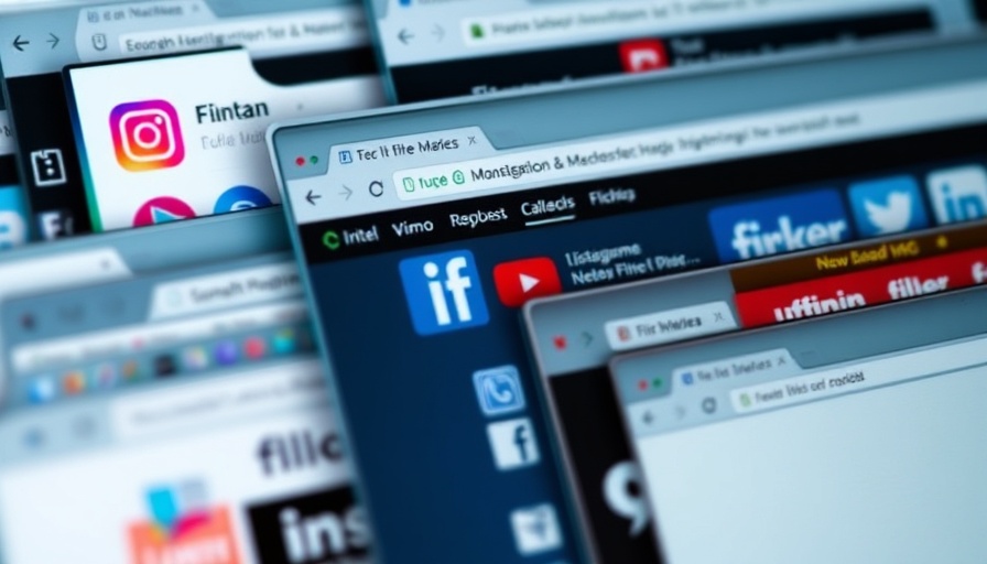 Layered browser windows with social media platforms open, illustrating social media clutter.