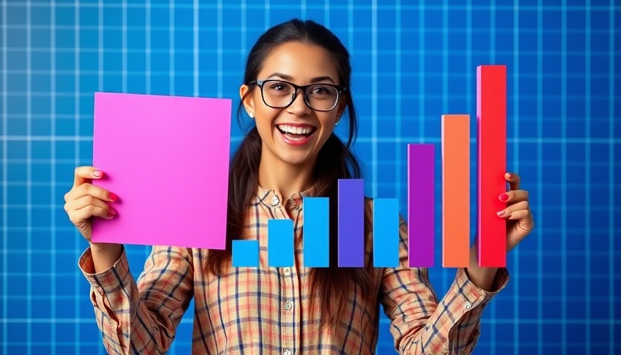 Enthusiastic woman with investment bar chart, blue grid.