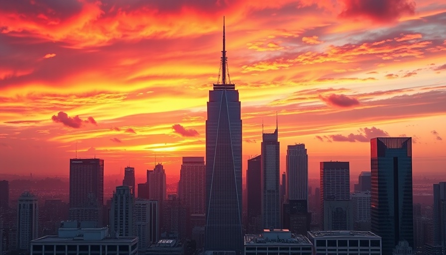 Vibrant skyline at sunset, resembling financial growth theme.