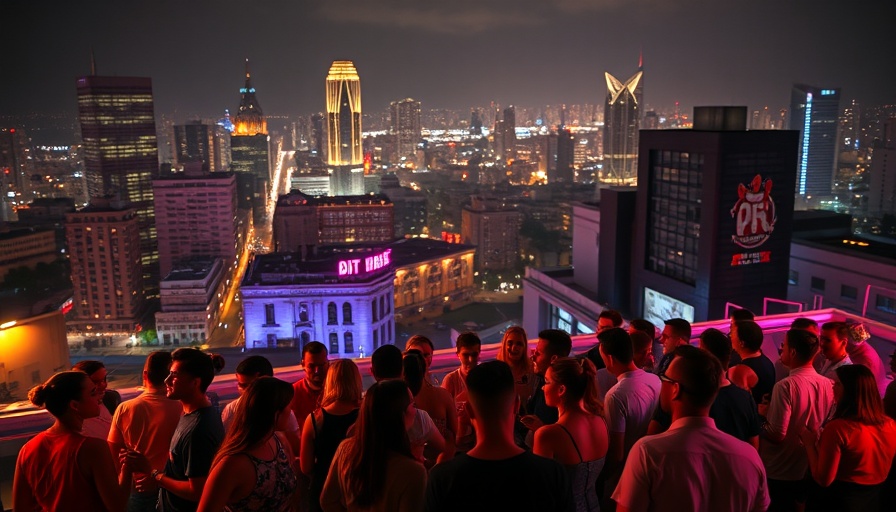 Group enjoying Tokyo nightlife on a vibrant rooftop bar.