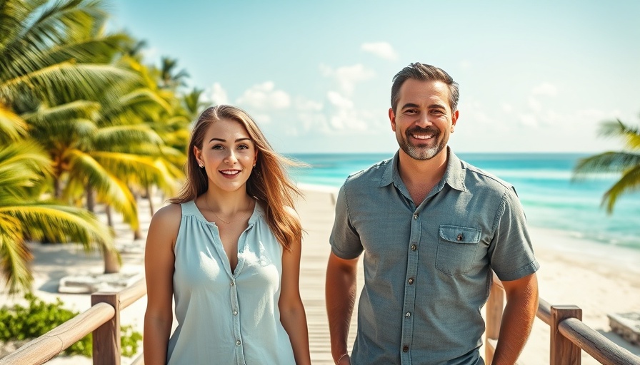 Surprised woman and smiling man on a tropical boardwalk, slow path to retirement.