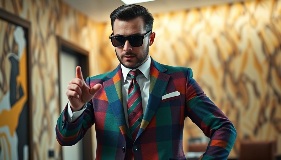 Salesman in plaid suit gesturing confidently in office