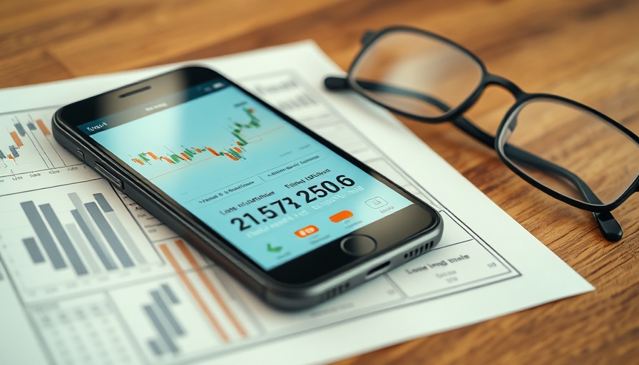 Smartphone with stock market app on financial papers and glasses.