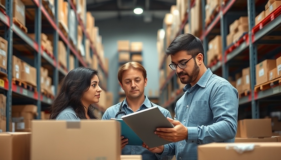 Warehouse employees reviewing inventory among shelves.