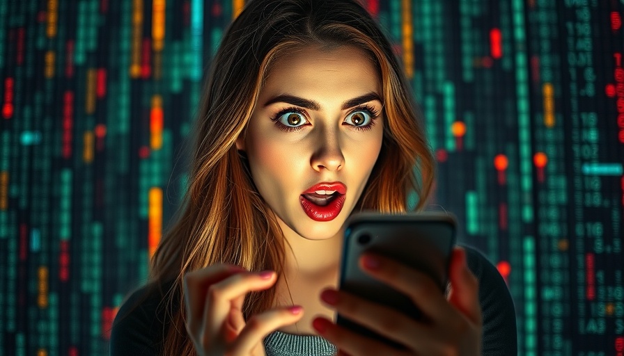Woman looks surprised at phone, digital matrix code backdrop.