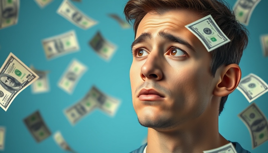 Concerned young man surrounded by dollar bills, financial caution theme.