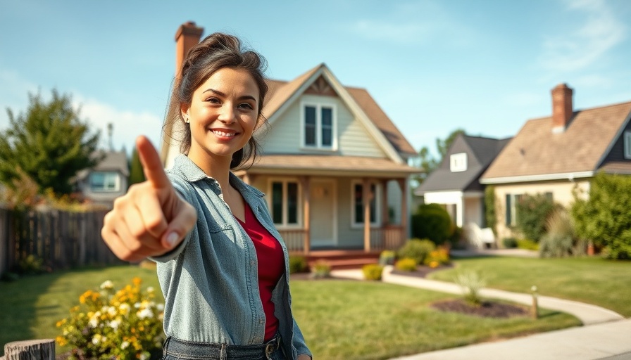 Confident woman promoting a rental property sale with a Victorian house.