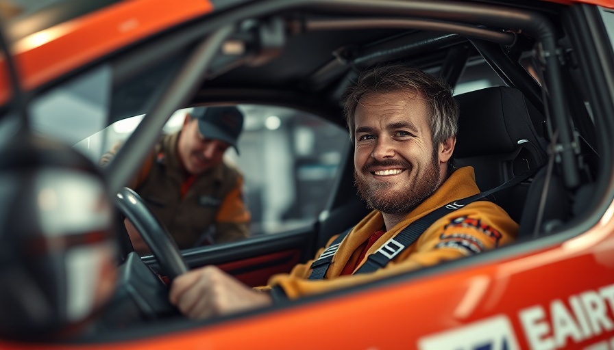 Man in race car cockpit with mechanics in shadowy garage.