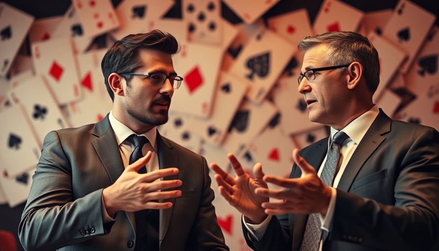 Businessmen and playing cards, speculative acquisition theme.