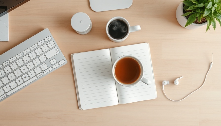 Minimalist workspace with a notebook, coffee, and keyboard for AI Tools for Marketing Creators.