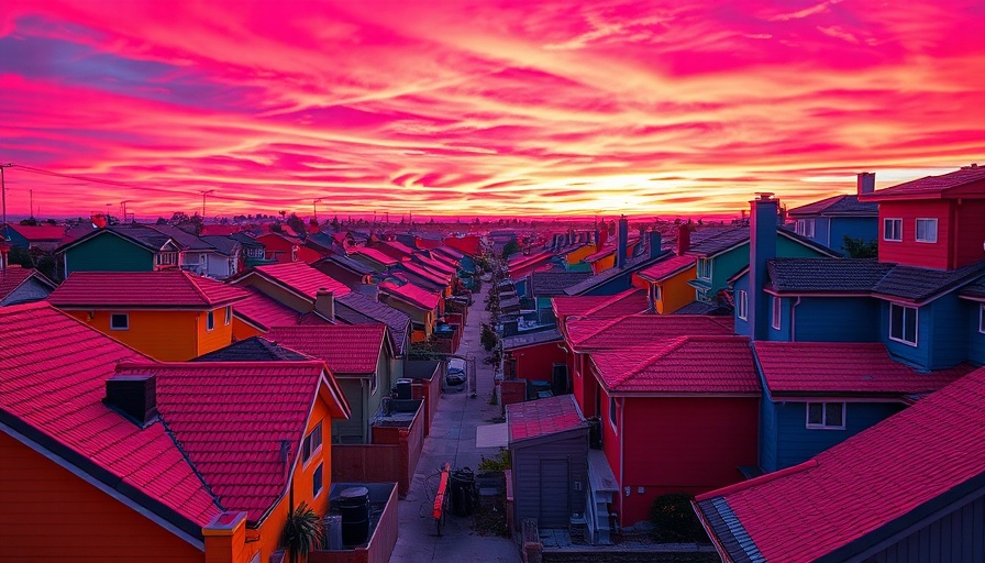 Surreal neon-colored suburban rooftops at sunset, artistic.