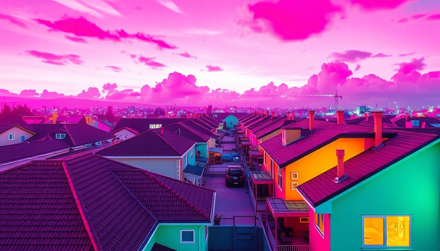 Abstract suburban rooftops in neon colors reflecting Clear Cooperation Policy real estate.