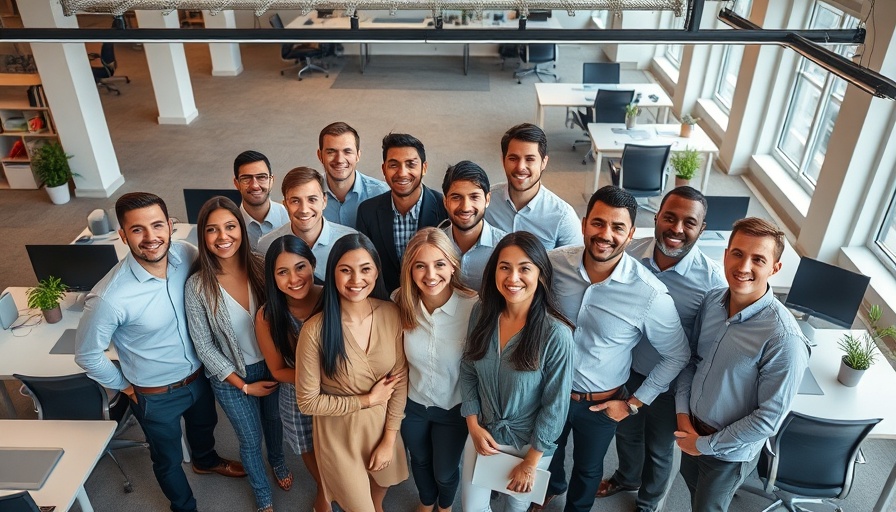 Diverse office team representing average PTO in the US, smiling together.