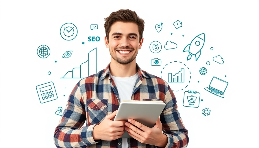 Young man with SEO portfolio graphics, SEO Portfolio Examples concept.