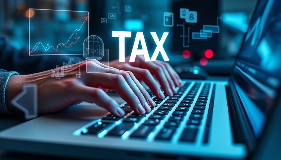 Digital tax concept with holographic symbols on laptop in office setting