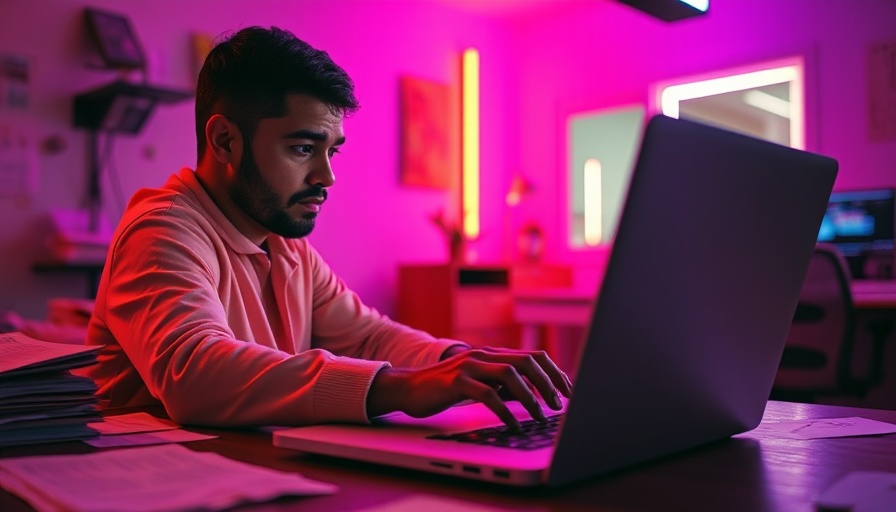 Colorful workspace scene with a person focused on a laptop, PropTech marketing strategy.