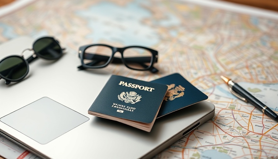 Close-up of a laptop with passports and map, time off request form theme