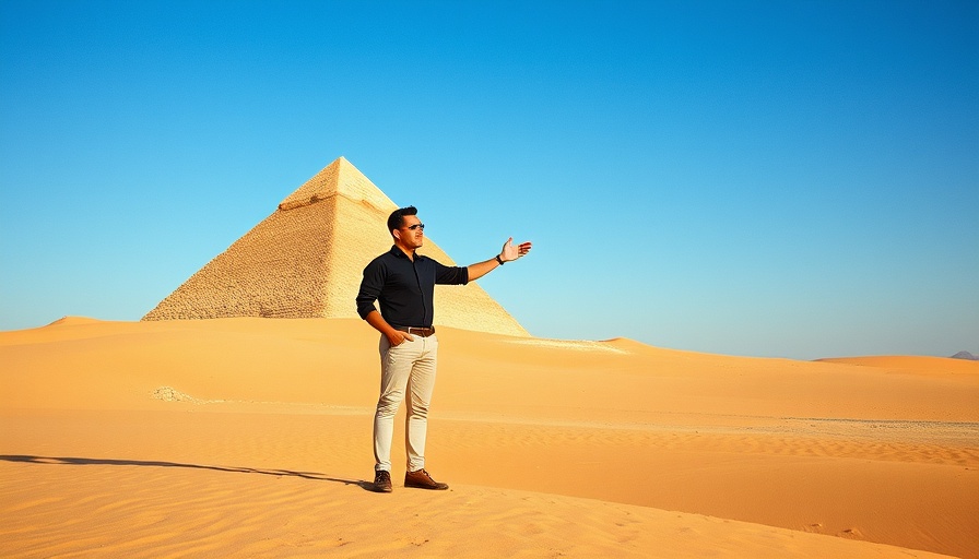 Man explaining how the pyramids were built in sandy desert with small pyramid.