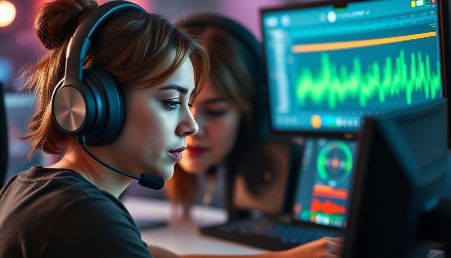 Woman editing podcast audio, focused in a tech workspace.