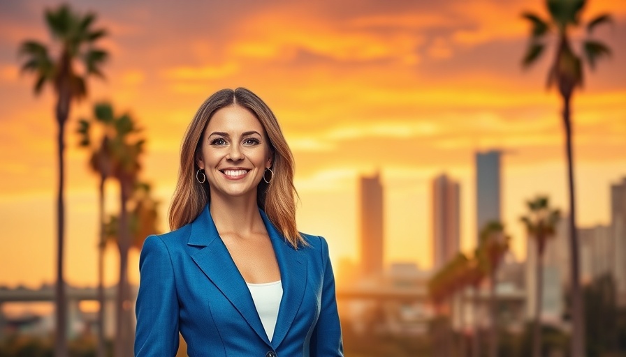Confident woman in blue suit against LA skyline at sunset, suspend ULA Tax.