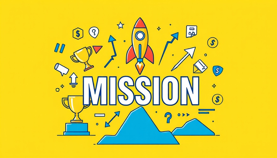 Infographic of mission statements with business symbols on yellow.