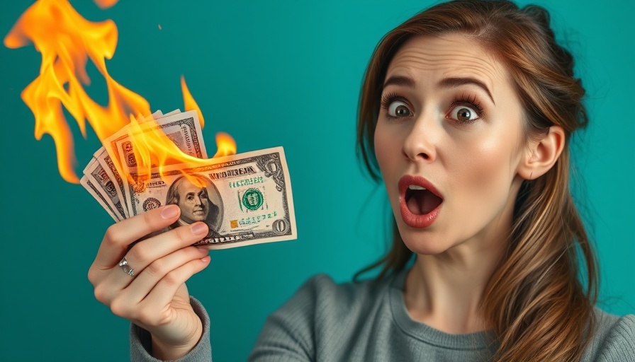 Surprised woman watching money burn, concept of losing $150K.