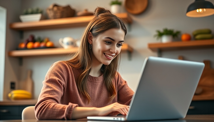LinkedIn brand partnership concept, woman on laptop in kitchen.