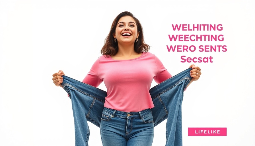Weight loss influencer displaying large jeans in marketing campaign.