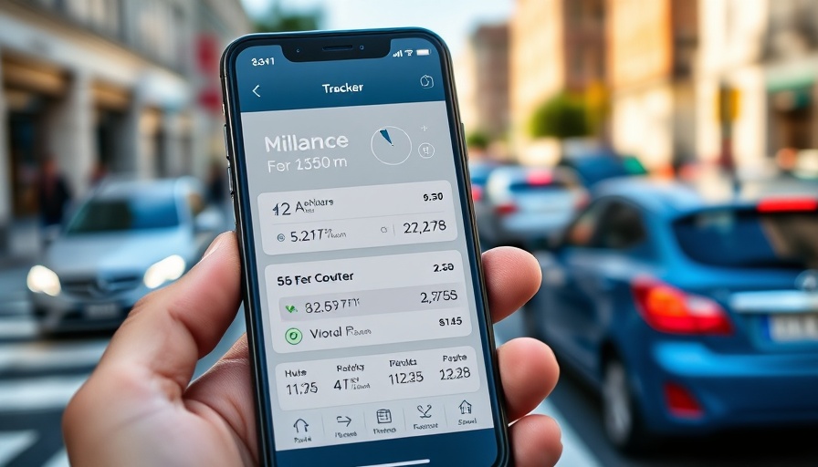 Smartphone displaying mileage tracker app streetside.