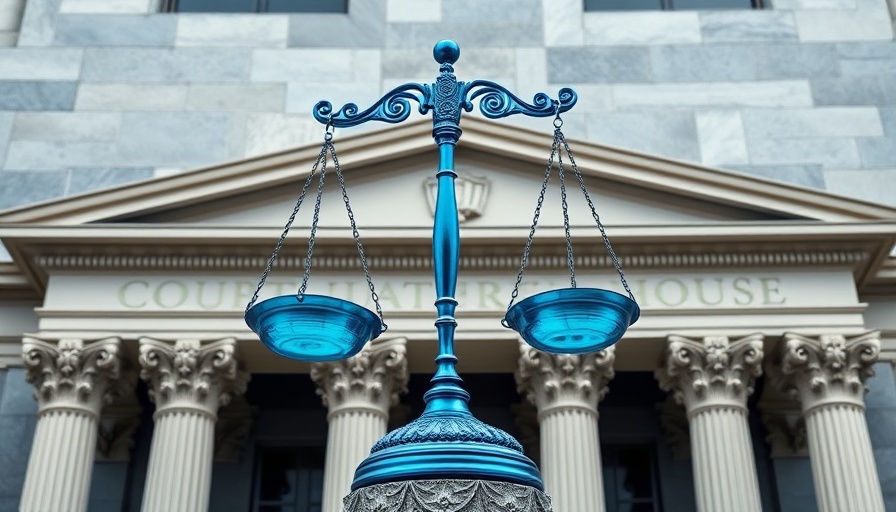 Blue scales of justice in front of courthouse, REX antitrust case against Zillow.