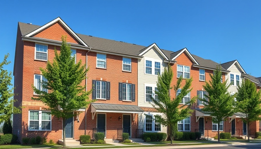 Modern townhouse facade with brick and siding.
