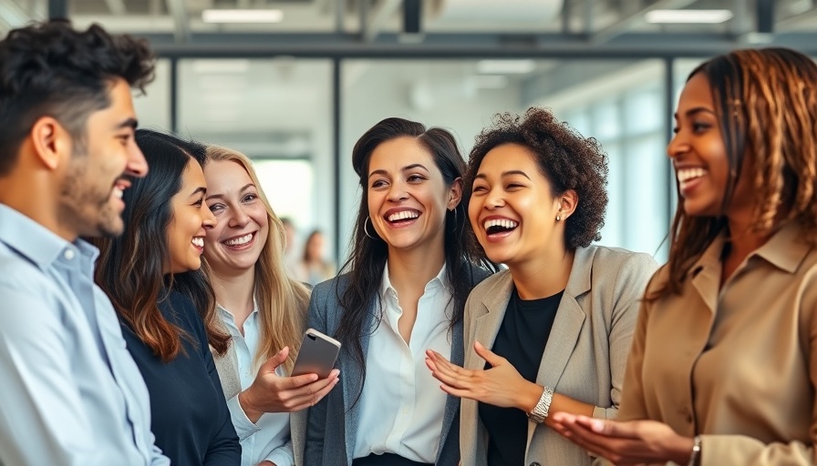 Diverse group of professionals laughing together in an office setting.
