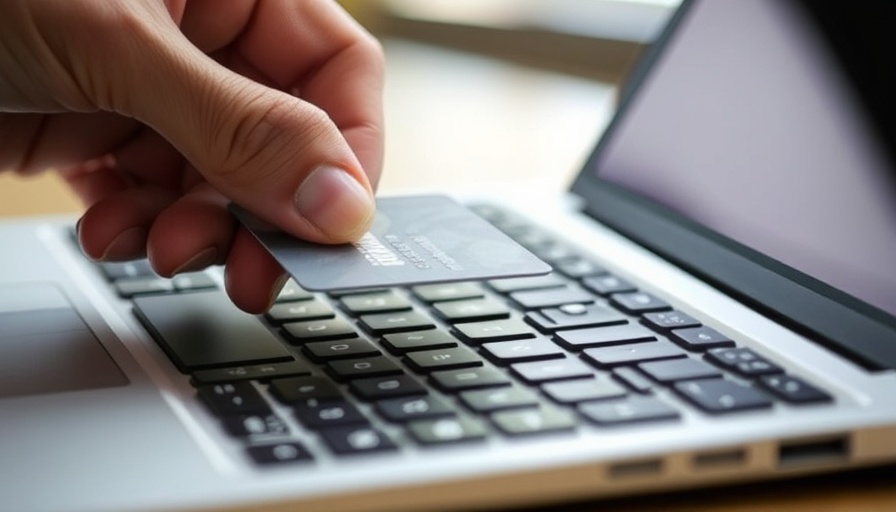 Close-up of hand with credit card and laptop for direct deposit setup.