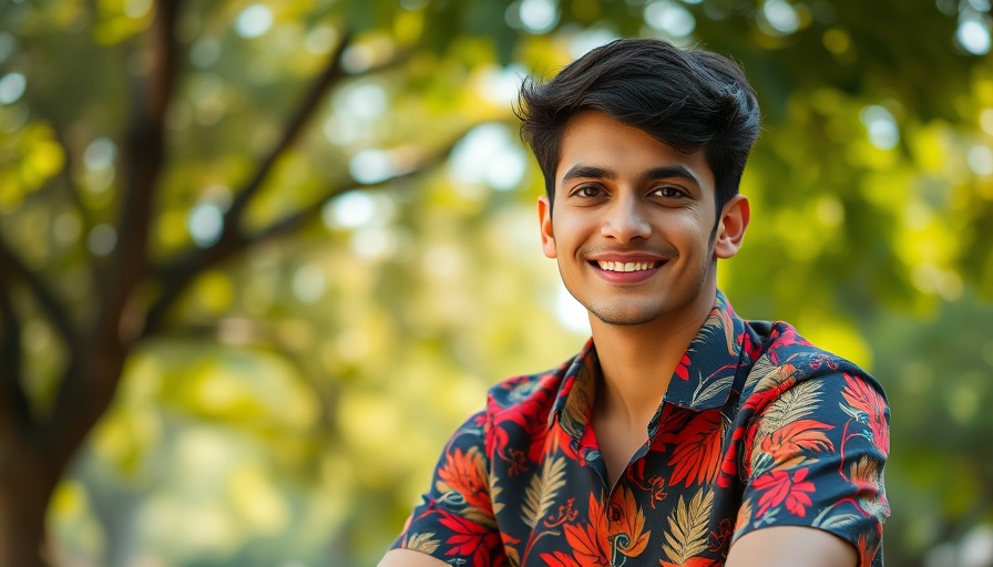 Casual young man with colorful shirt sitting outdoors.