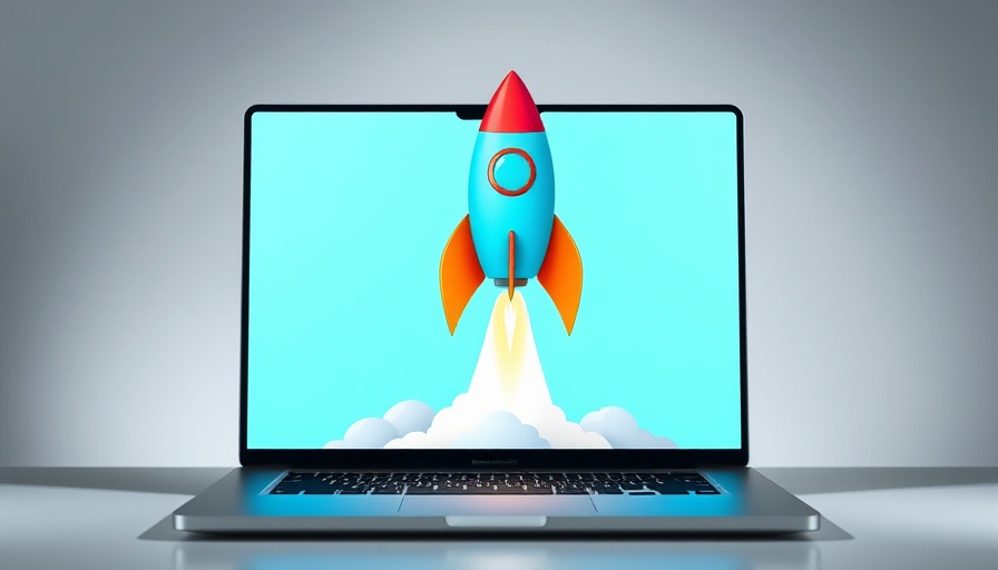 Illustrative rocket launching from laptop, startups growth concept.