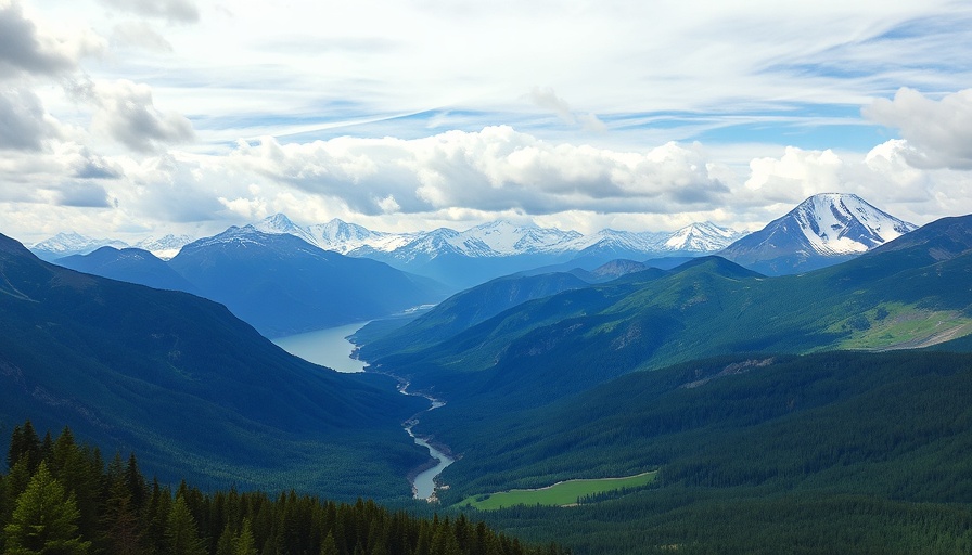 Breathtaking mountain landscape with forest and snow-capped peaks.