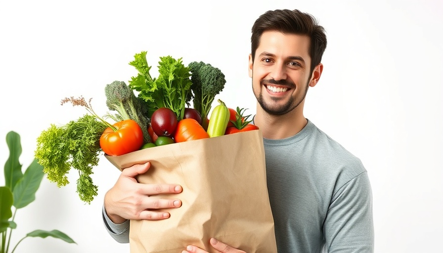 Eco-Friendly Products on Social Media theme with a smiling man holding groceries.