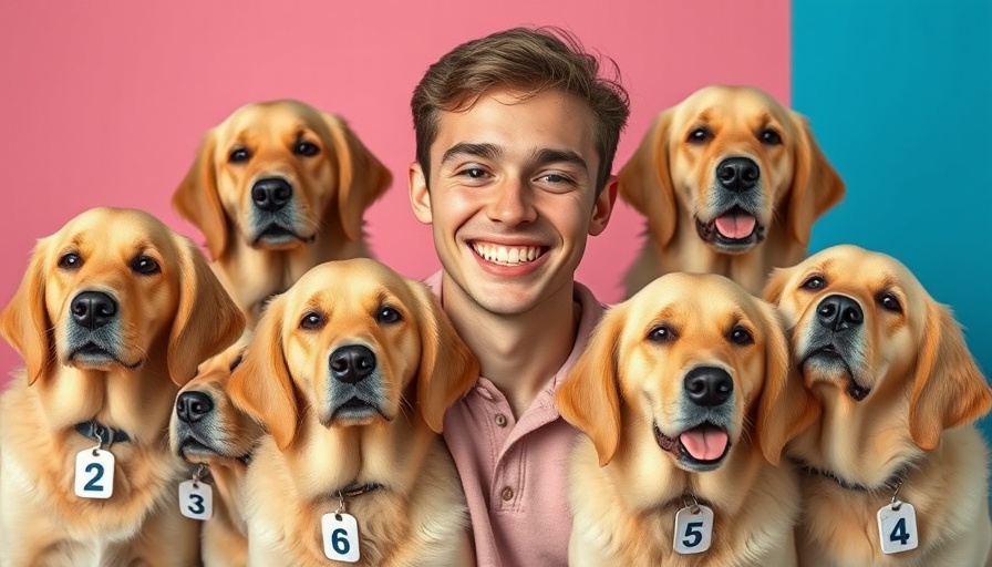Golden Retriever Challenge: smiling man with golden retrievers in colorful backdrop