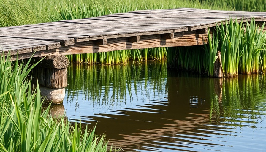 Old wooden bridge over water with tall reeds.