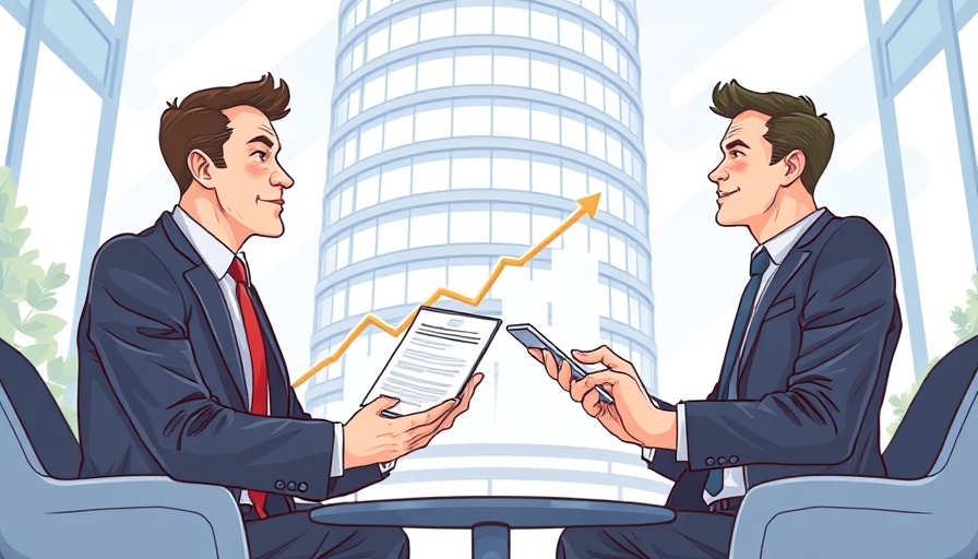 Real estate agents discussing compensation with business charts in background.