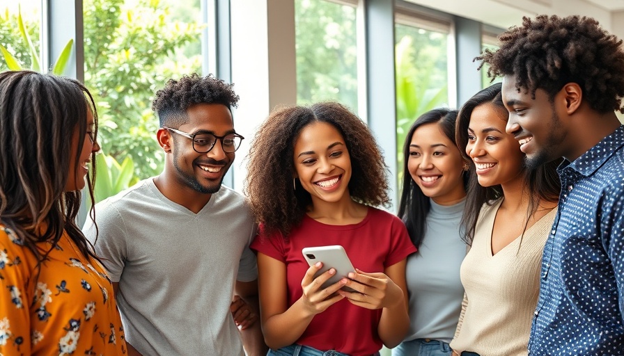 Diverse group boosting social media engagement with smartphone.