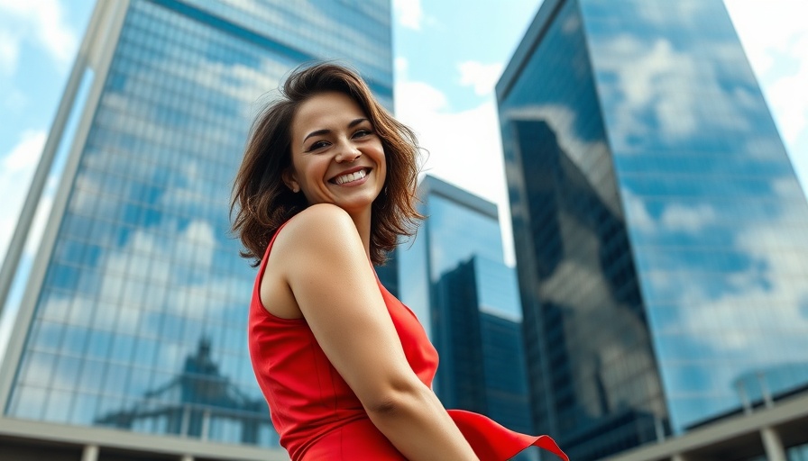 Michelle Johnson Lundy smiling in a red dress against skyscrapers